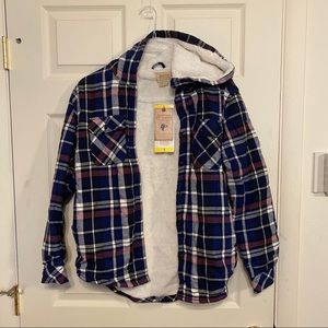 BRAND NEW sherpa lined hooded plaid jacket